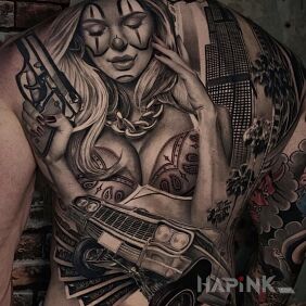 Tattoo Gangsta life on the shoulder blades motif: black and gray style: chicano