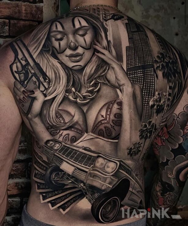 Tattoo Gangsta life in faces motif and realistic style on the shoulder blades
