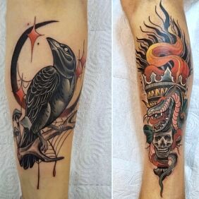Tattoo Old school tattoo raven and snake on the calf motif: colorful style: neo-traditional