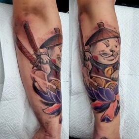 Tattoo Samurai cat on the forearm motif: colorful style: graphic / illustrative