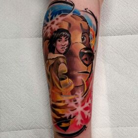Tattoo My Brother Bear on the leg motif: characters style: cartoon / comic book