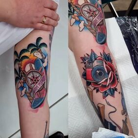 Tattoo Vacation stickers flip flops and camera On the arm motif: colorful style: oldschool