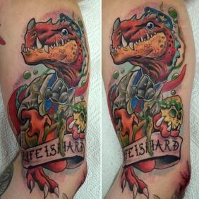 Tattoo Dino chill On the arm motif: lettering style: newschool
