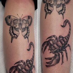 Tattoo Old school stickers butterfly and scorpion on the leg motif: butterflies style: graphic / illustrative