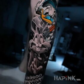 Tattoo Bugs bunny in fear aaaaa on the leg motif: colorful style: realistic