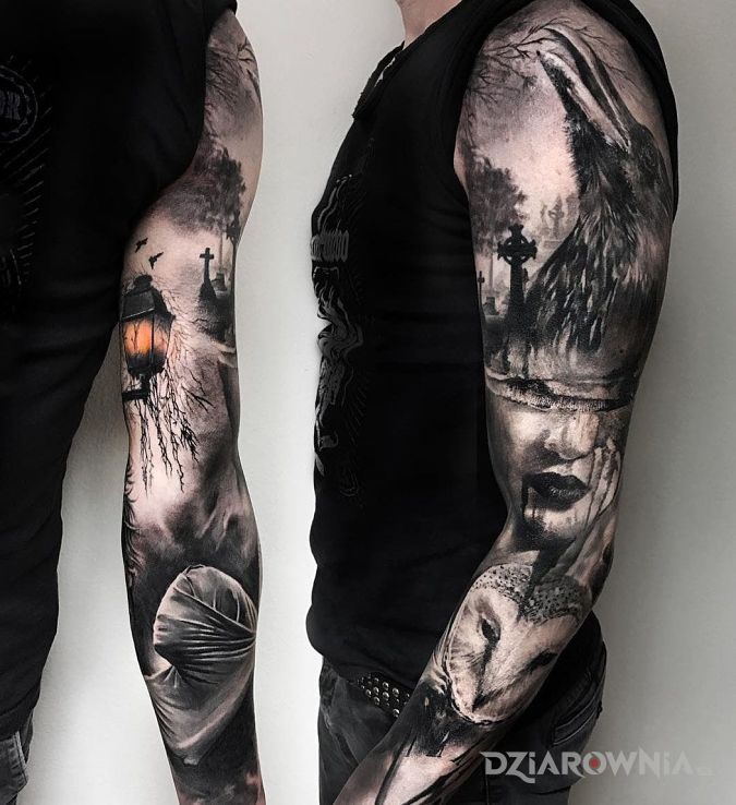 Tatuaż mroczny rękaw w motywie 3D i stylu realistyczne na przedramieniu