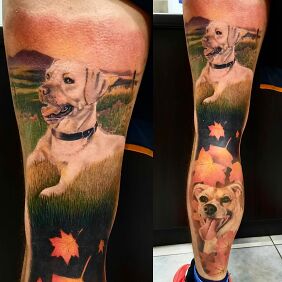 Tattoo Doggies on the leg on the thigh motif: colorful style: realistic