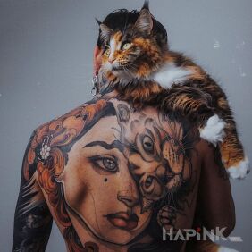 Tattoo Cute cat on the back motif: colorful style: graphic / illustrative