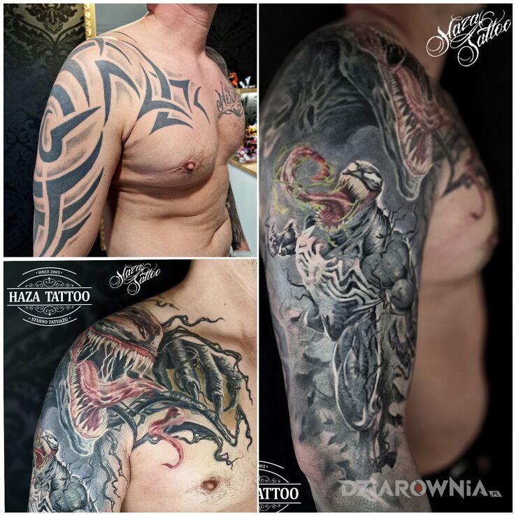 Tatuaż cover tribal w motywie postacie i stylu realistyczne na ramieniu