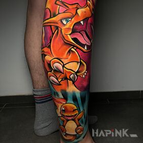 Tattoo POKEMON ANIME CHARIZARD on the calf motif: colorful style: cartoon / comic book