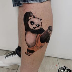Tattoo Kung-fu panda on the calf motif: characters style: cartoon / comic book