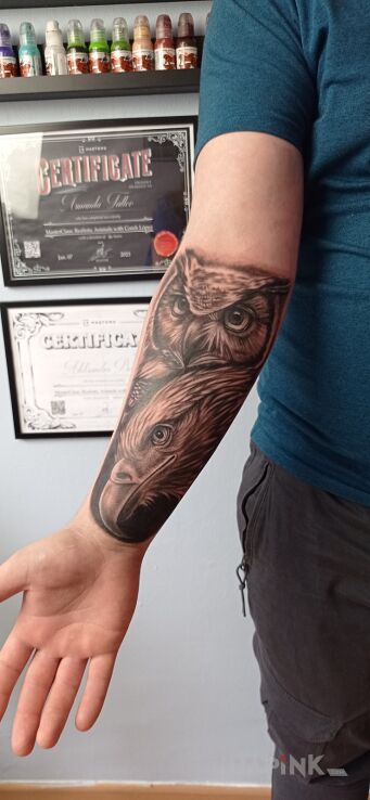 Tattoo Orzeł i sowa in animals motif and realistic style On the arm