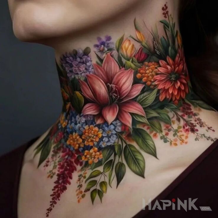 Tattoo Szyja cała na kolorowo in colorful motif and realistic style on the throat