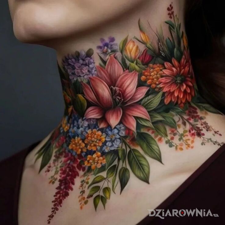 Tatuaż szyja cała na kolorowo w motywie kwiaty i stylu realistyczne na gardle