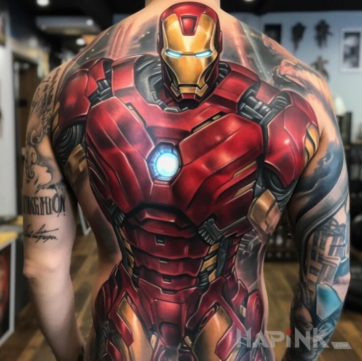 Tattoo Poteżny ironman! in characters motif and realistic style on the back