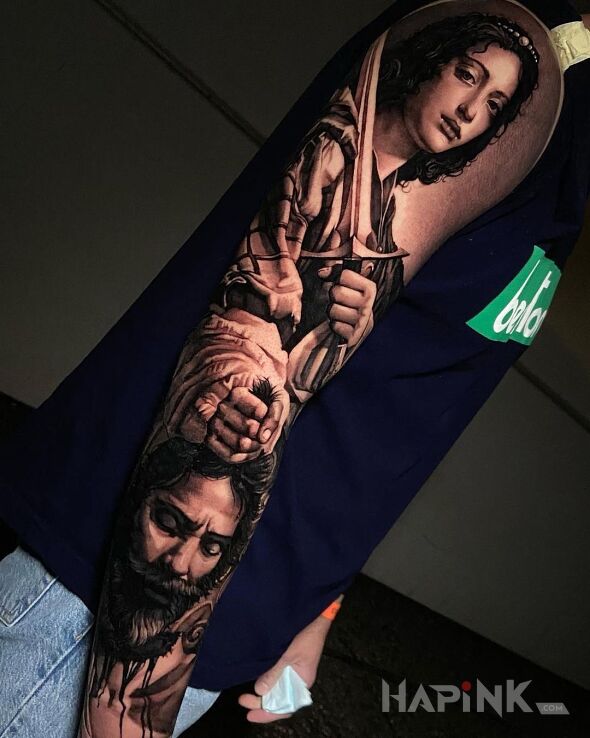 Tattoo I po chlopie in sleeves motif and realistic style On the arm