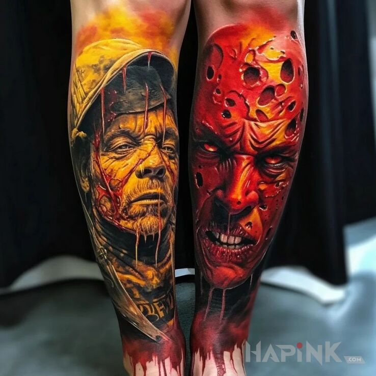 Tattoo Potowry in demons motif and realistic style on the tibia