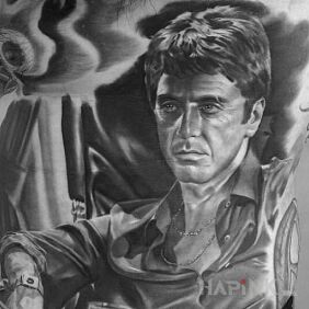 Tattoo Tony Montana on the ribs motif: 3D style: realistic