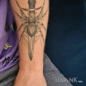 Tattoo Dagger spider on the forearm motif: objects style: contour / linework