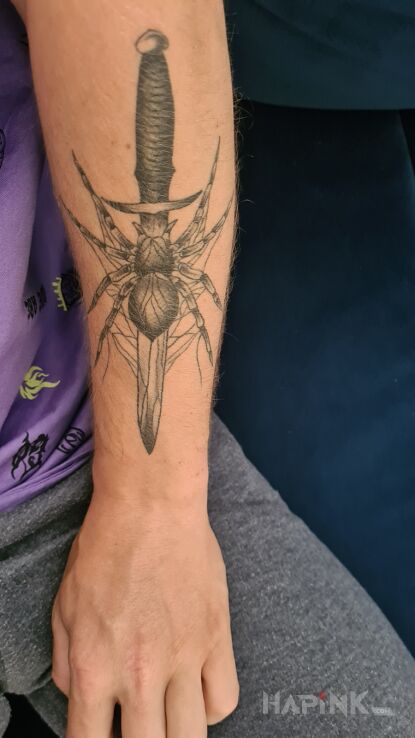 Tattoo Pająk sztylet in animals motif and contour / linework style on the forearm