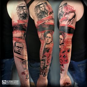 Tattoo Depeche Mode on the bicep motif: sleeves style: trash polka