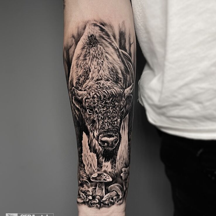 Tatuaż król puszczy w motywie zwierzęta i stylu realistyczne na przedramieniu