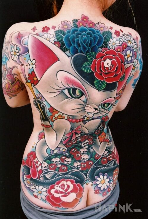Tattoo Kocica in characters motif on the back