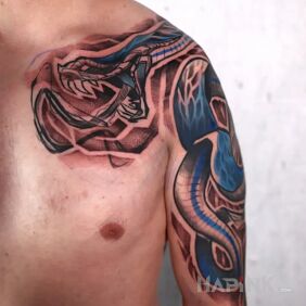 Tattoo Snake on the chest motif: colorful style: graphic / illustrative