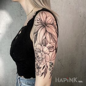 Tattoo Floral composition on the shoulder motif: flowers style: graphic / illustrative