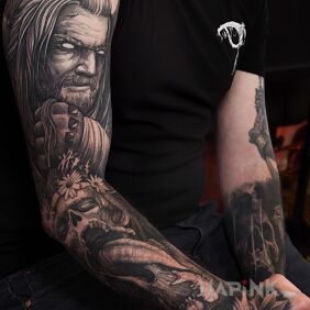Tattoo Geralt from Rivia On the arm motif: faces style: graphic / illustrative