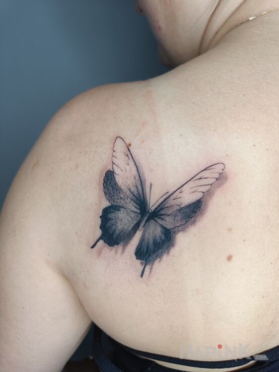 Tattoo Motyl in butterflies motif and graphic / illustrative style on the back