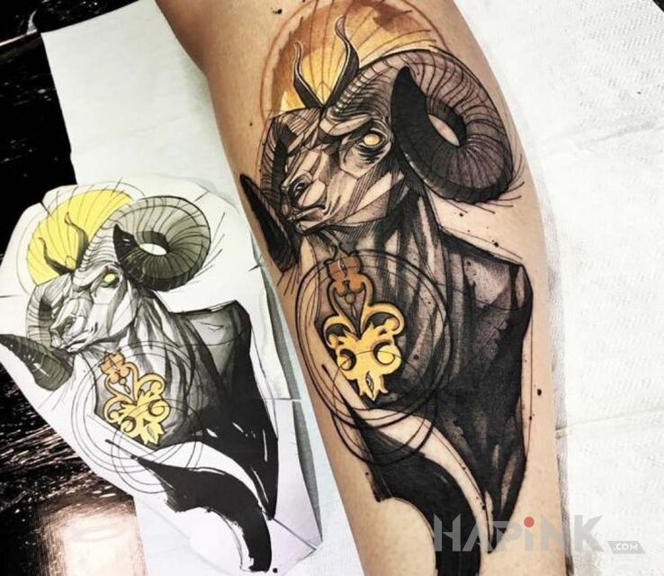 Tattoo Znak zodiaku baran in black and gray motif and graphic / illustrative style on the forearm