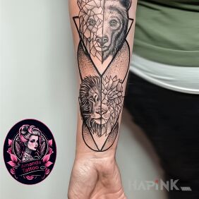 Tattoo Geometric Bear and Lion on the forearm motif: animals style: graphic / illustrative