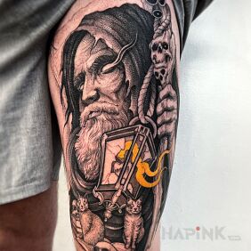 Tattoo Lighthouse keeper on the thigh motif: objects style: graphic / illustrative