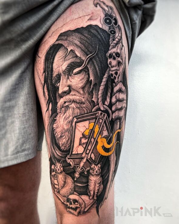 Tattoo Latarnik in black and gray motif and graphic / illustrative style on the leg