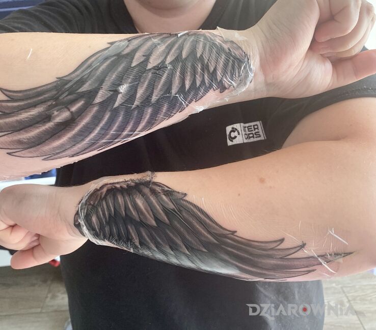 Tatuaż skrzydła w motywie anioły i stylu realistyczne na przedramieniu