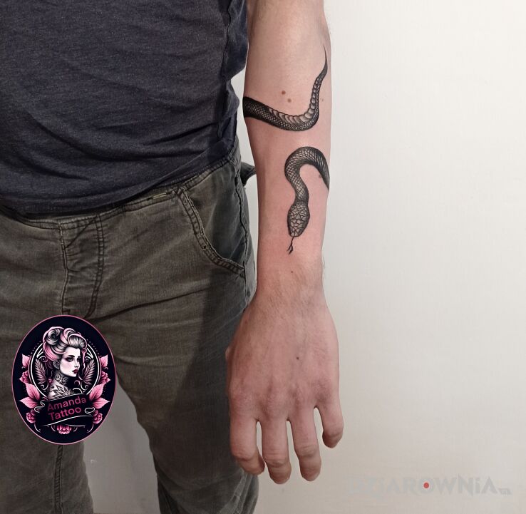 Tatuaż wąż dookoła ręki w motywie pozostałe i stylu blackwork / blackout na przedramieniu