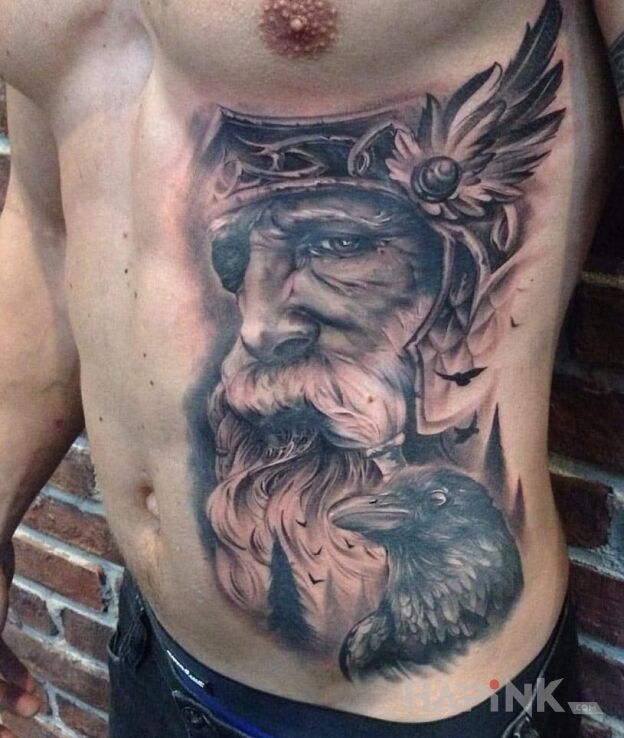 Tattoo Odyn in characters motif and realistic style on the ribs