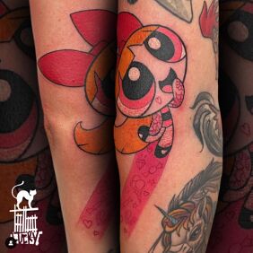 Tattoo Brawurka on the forearm motif: colorful style: cartoon / comic book