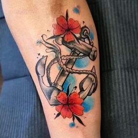 Tattoo Anchor on the leg motif: flowers style: Watercolor