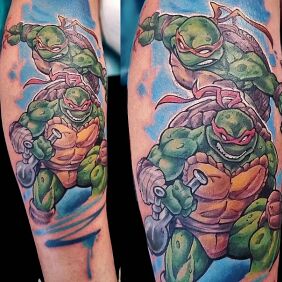 Tattoo Teenage Mutant Ninja Turtles on the leg motif: colorful style: cartoon / comic book