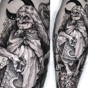 Tattoo Mushroom grandma on the calf motif: demons style: graphic / illustrative
