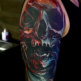 Tattoo Skull cover up On the arm motif: colorful style: graphic / illustrative