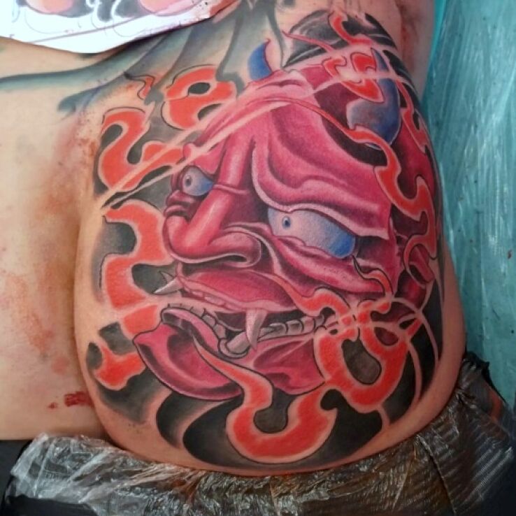 Tatuaż demon japoński wzór w motywie mroczne i stylu japońskie / irezumi na pośladkach