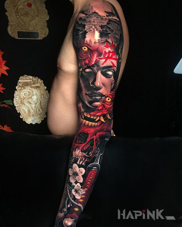 Tattoo Kobiecy demon in sleeves motif and realistic style on the forearm