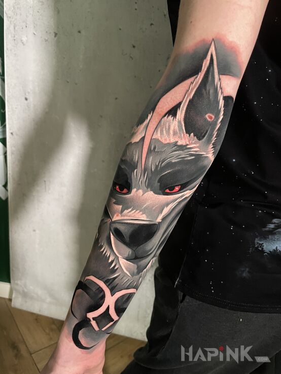 Tattoo Roofi tattoo! in black and gray motif and cartoon / comic book style on the forearm
