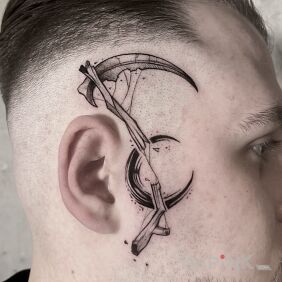 Tattoo Scythe! on the face motif: objects style: graphic / illustrative
