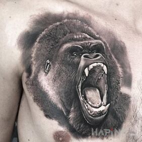 Tattoo Gorilla on the chest motif: 3D style: realistic