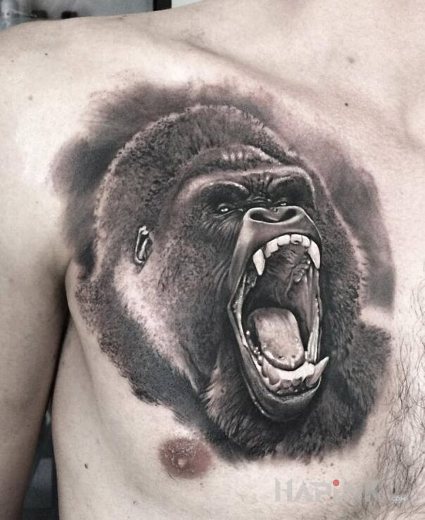 Tattoo Goryl in animals motif and realistic style on the chest