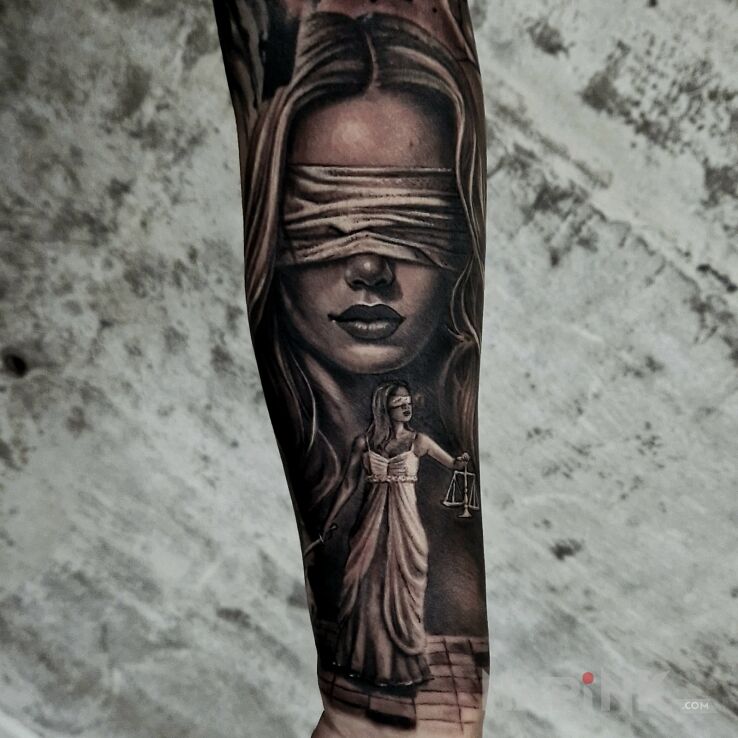 Tattoo Temida od Krisa in black and gray motif and realistic style on the forearm